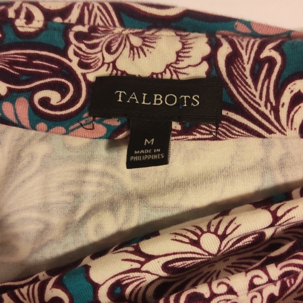 Talbots  long-sleeve cowl neck top with a paisley print.  Teal Burgundy - Picture 4 of 9
